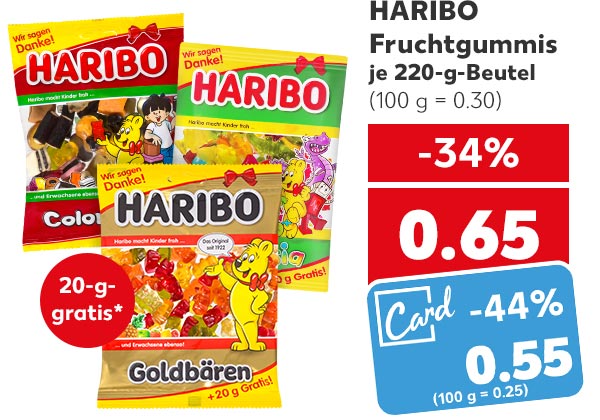 HARIBO Fruchtgummis, versch. Sorten, je 220-g-Beutel für 0.65 Euro (100 g = 0.30); Kaufland Card Preis: 0.55 Euro (100 g = 0.25); Störer: 20-g-gratis
