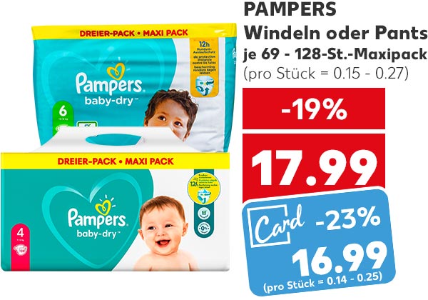 PAMPERS Windeln oder Pants, versch. Größen, je 69 - 128-St.-Maxipack für 17.99 Euro (pro Stück = 0.15 - 0.27), Kaufland Card Preis: 16.99 Euro (pro Stück = 0.14 - 0.25)