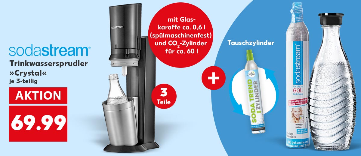 Logo: SODASTREAM®, Trinkwassersprudler »Crystal«, je 3-teilig für 69.99 Euro; Störer: 3 Teile; Störer: Mit Glaskaraffe ca. 0,6 l (spülmaschinenfest) und CO₂-Zylinder für ca. 60 l; Abbildung: + Tauschzylinder