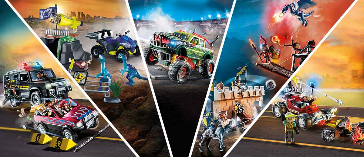 Abbildung: Polizei: Verfolgung der Bankräuber, Jaden's Raptor Adventure, Monstertruck Danger, Feuerwehreinsatz mit Löschbuggy und Novelmore: Burnham Raiders Kampfturmangriff