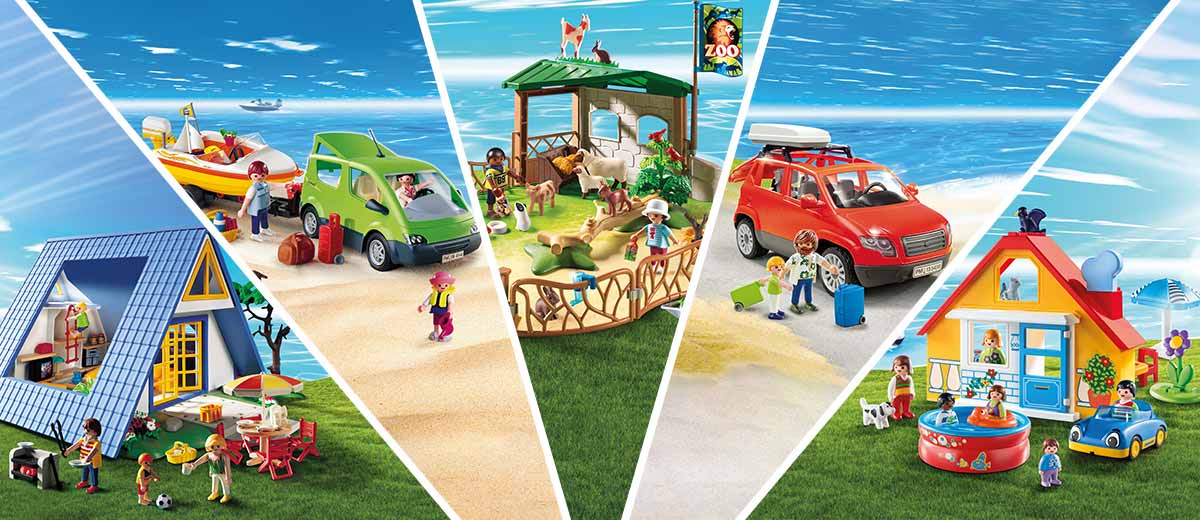 Abbildung: Ferienhaus, Family-Van mit Bootsanhänger, Streichelzoo, Familienauto und Ferienhaus 1.2.3