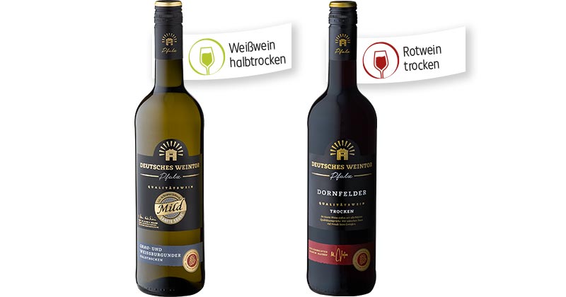 DEUTSCHES WEINTOR „Edition Mild” Grau- und Weißburgunder oder Dornfelder, Fähnchen an der jeweiligen Flasche: Weißwein halbtrocken und Rotwein trocken