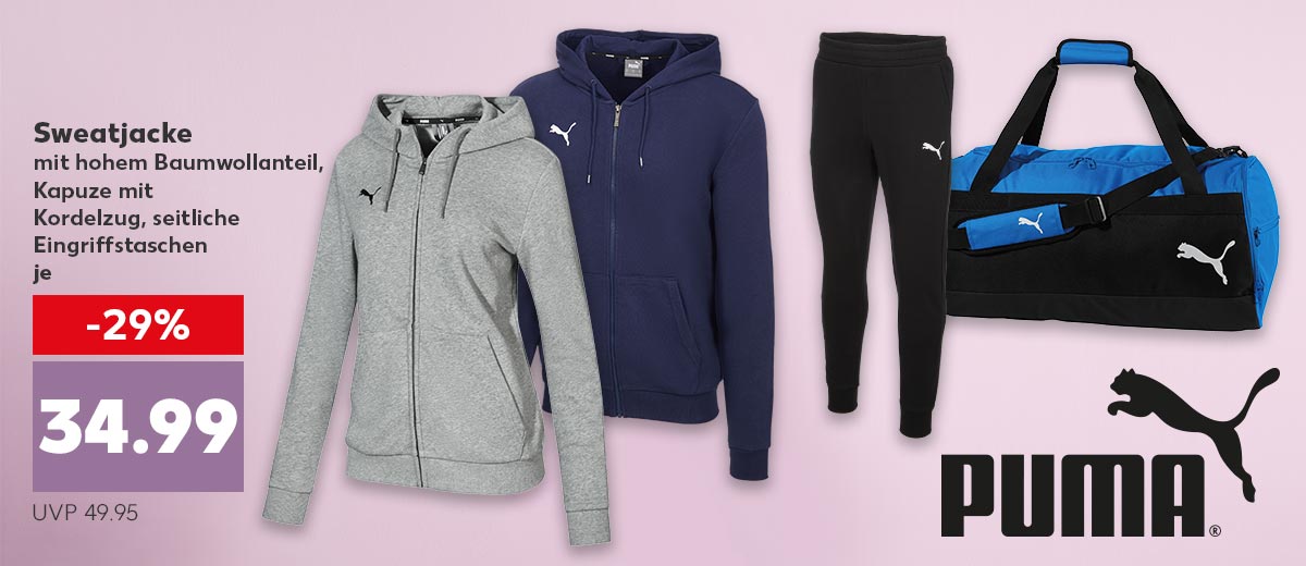 Logo: PUMA; Sweatjacke, versch. Farben, mit hohem Baumwollanteil, Kapuze mit Kordelzug, seitliche Eingriffstaschen, für je 34.99 Euro (UVP 49.95); Sweathose und Sporttasche
