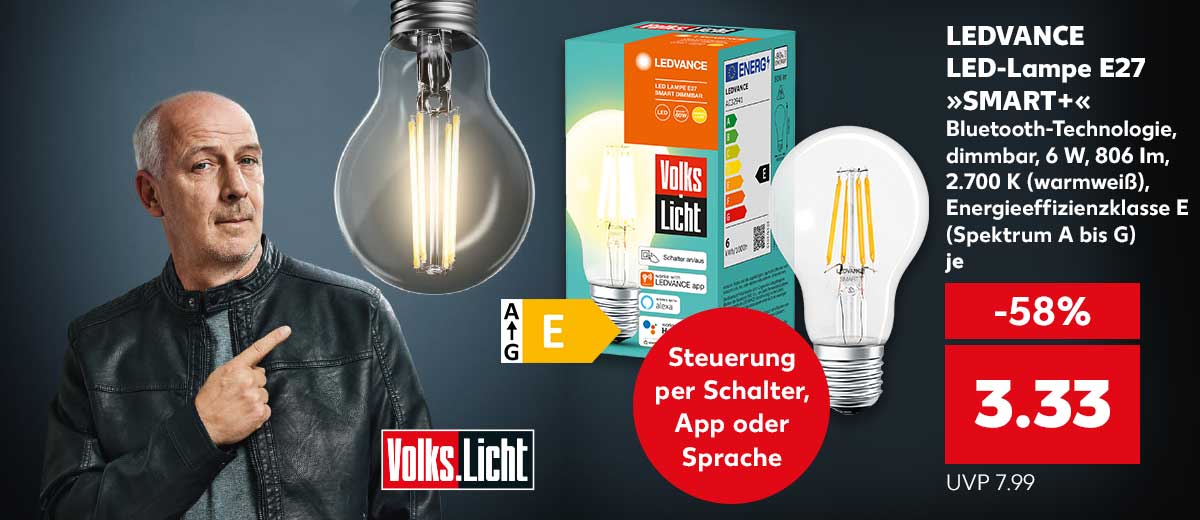Abbildung: Mario Basler; Logo: Volks.Licht; LEDVANCE LED-Lampe E27 „SMART+”, Bluetooth-Technologie, dimmbar, 6 W, 806 Im, 2.700 K (warmweiß), Energieeffizienzklasse E (Spektrum A bis G) für je 3.33 Euro (UVP 7.99); Störer: Steuerung per Schalter, App oder Sprache
