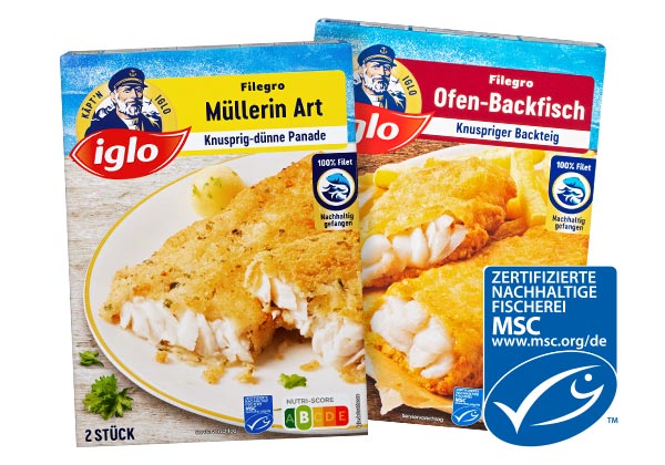 IGLO Filegro, versch. Sorten; Logo: MSC-zertifizierte nachhaltige Fischerei