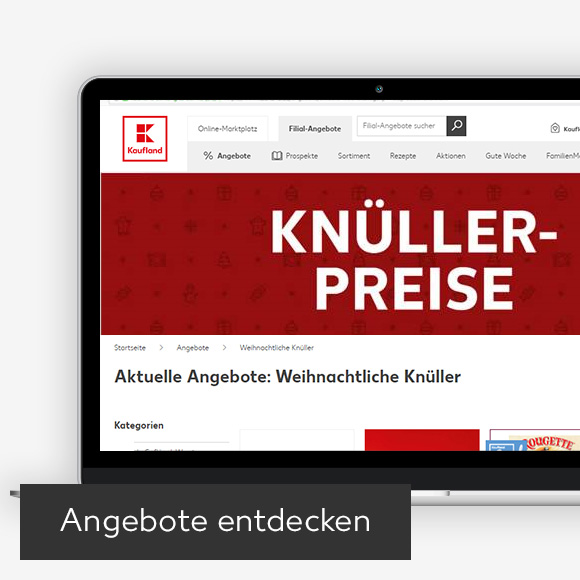 Abbildung: Laptop zeigt Weihnachtliche Knüller auf Kaufland-Webseite; Button: Angebote entdecken