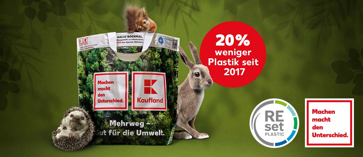 Abbildung: Igel, Eichhörnchen und Hase mit einer Mehrwegtasche von Kaufland; Störer: 20% weniger Plastik seit 2017; Logo: REset PLASTIC und Machen macht den Unterschied.