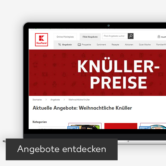 Abbildung: Laptop zeigt Weihnachtliche Knüllerangebote auf der Kaufland-Webseite; Button: Angebote entdecken