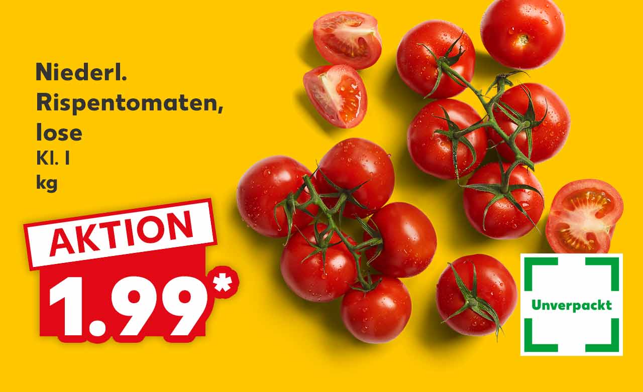 Niederl. Rispentomaten, lose, Kl. I, je kg für 1.99 Euro*; Logo: Unverpackt