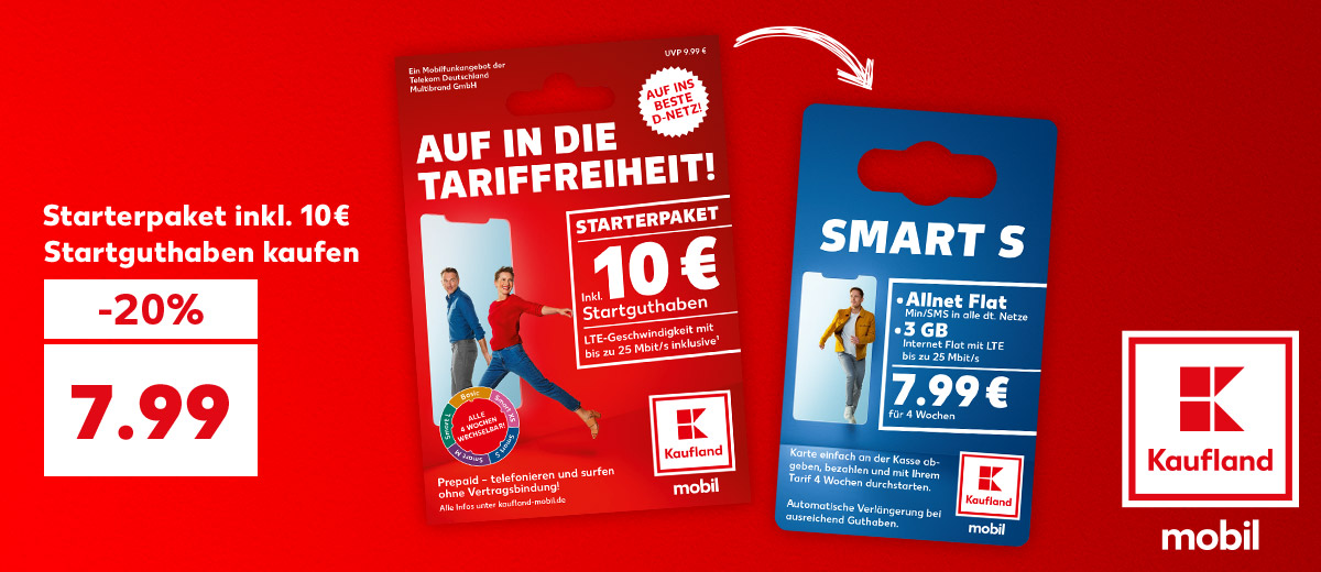 Logo: Kaufland mobil; Starterpaket inkl. 10€ Startguthaben kaufen für 7.99 Euro; Abbildung: Starterpaket und SMART S Tarif