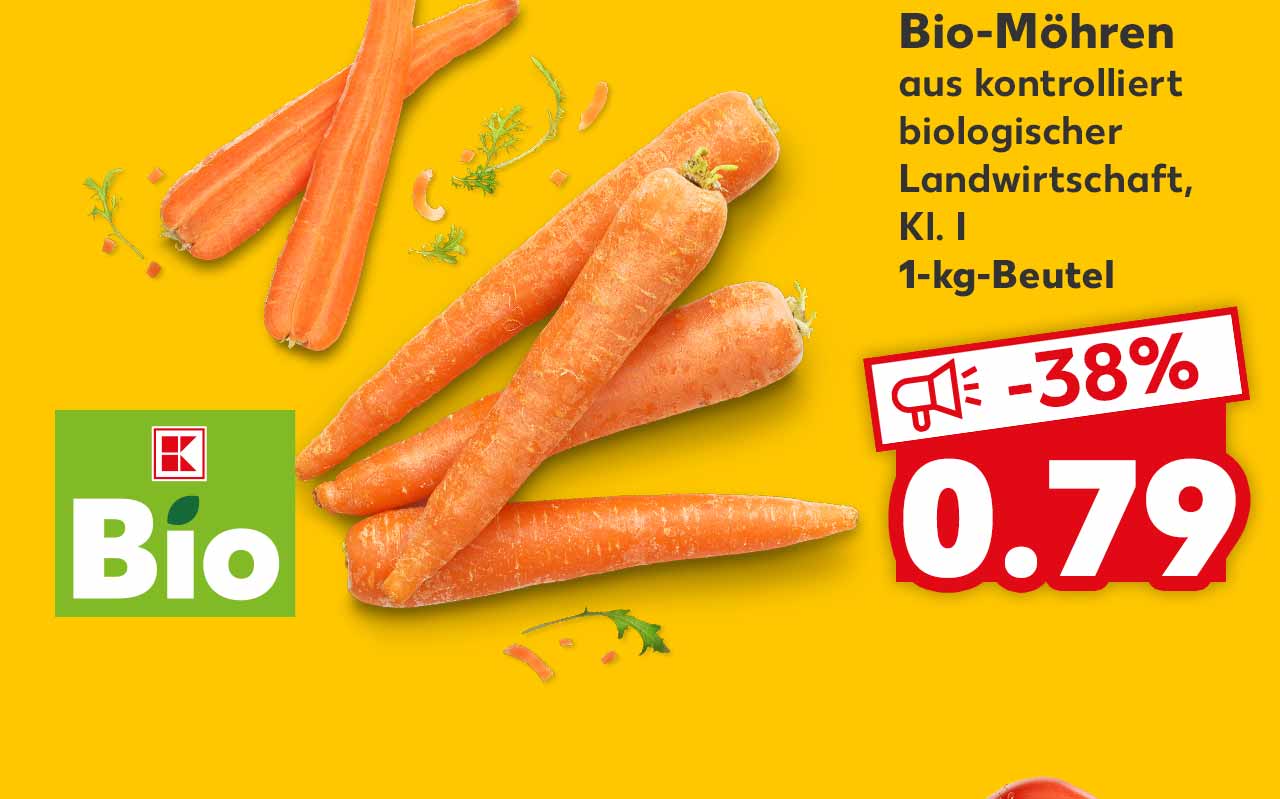 Dtsch. Bio-Möhren, aus kontrolliert biologischer Landwirtschaft, Kl. I, 1-kg-Beutel für 0.79 Euro; Logo: K-Bio