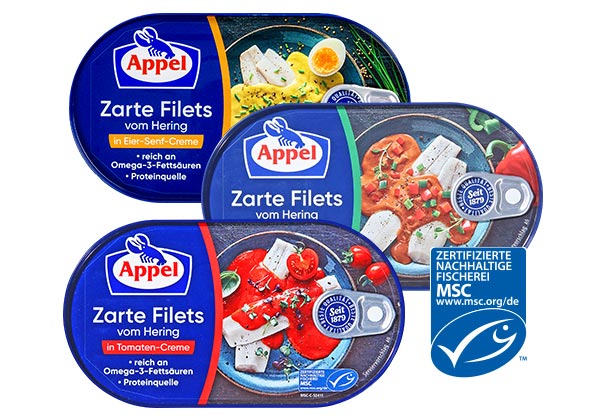 APPEL Zarte Heringsfilets, versch. Sorten; Logo: MSC-zertifizierte nachhaltige Fischerei