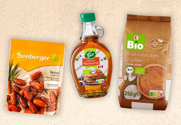 Produktabbildungen: SEEBERGER Datteln, K-BIO Kanad. Ahornsirup und K-BIO Kokosblütenzucker