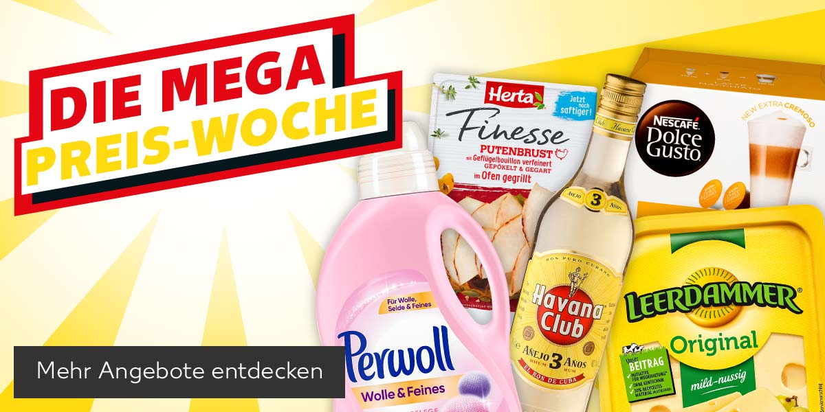 Schriftzug: DIE MEGA PREIS-WOCHE; Produktabbildungen: PERWOLL Waschmittel, HERTA Finesse Aufschnitt, HAVANNA CLUB Rum, NESCAFÉ Dolce Gusto Kapseln und LEERDAMMER Holl. Schnittkäse; Button: Mehr Angebote entdecken