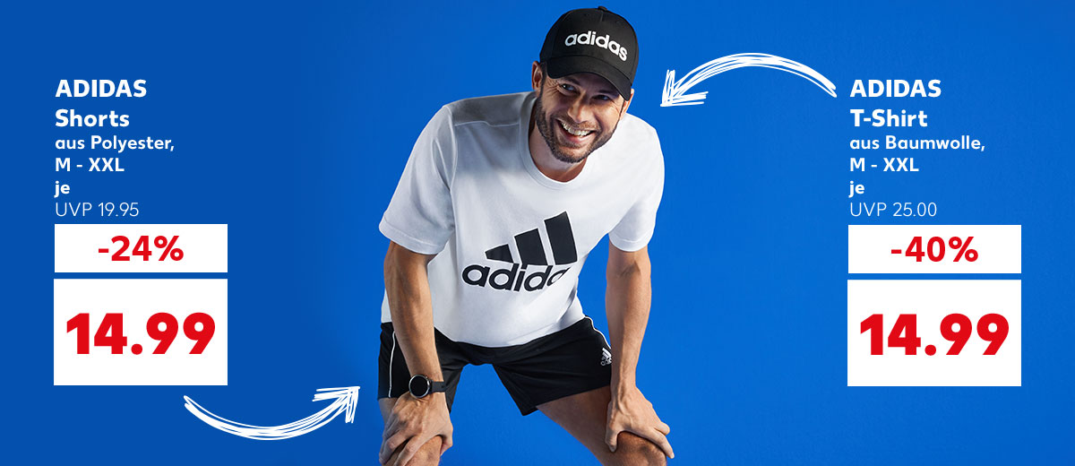 Mann trägt ADIDAS Shorts und T-Shirt; ADIDAS Shorts, aus Polyester, M - XXL, für je 14.99 Euro (UVP 19.95); ADIDAS T-Shirt, aus Baumwolle, M - XXL, für je 14.99 Euro (UVP 25.00)