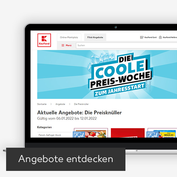 Abbildung: Laptop zeigt Preisknüller auf Kaufland-Webseite; Button: Angebote entdecken