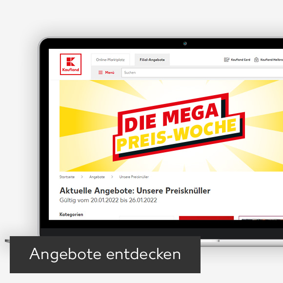 Abbildung: Laptop zeigt Preisknüller auf Kaufland-Webseite; Button: Angebote entdecken