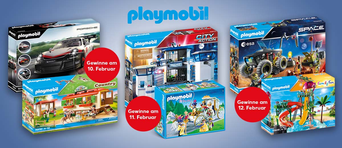 Logo: PLAYMOBIL®, Gewinn-Abbildungen: Ponycamp-Übernachtungswagen, Porsche 911 GT3 Cup; Störer an Gewinnen: Gewinne am 10. Februar; Gewinn-Abbildungen: Polizei-Kommandozentrale, Hochzeitskutsche; Störer an Gewinnen: Gewinne am 11. Februar; Gewinn-Abbildungen: Aquapark mit Rutschen, Mars-Expedition mit Fahrzeugen; Störer an Gewinnen: Gewinne am 12. Februar