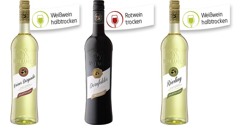 ROTWILD Dornfelder, Riesling oder Weißer Burgunder; Fähnchen an Flaschen: Weißwein halbtrocken, Rotwein trocken