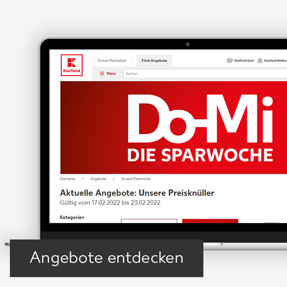 Abbildung: Laptop zeigt Preisknüller auf Kaufland-Webseite; Button: Angebote entdecken
