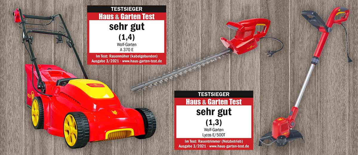 Elektro-Rasenmäher „A 370 E”, TESTSIEGER HAUS & GARTEN TEST sehr gut (1,4);  Elektro-Heckenschere „LYCOS E/500 H”, Elektro-Trimmer „LYCOS E/500 T”, TESTSIEGER HAUS & GARTEN TEST sehr gt (1,3)