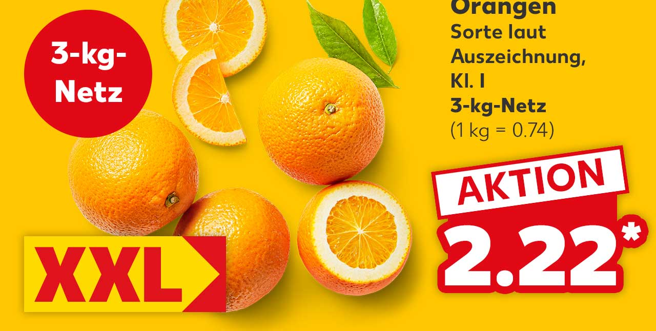 Span. Orangen, Sorte laut Auszeichnung, Kl. I, 3-kg-Netz für 2.22 Euro* (1 kg = 0.74 Euro); Störer: 3-kg-Netz; Störer: XXL