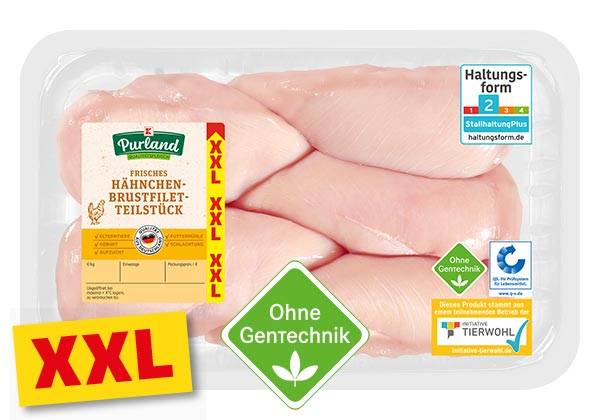 K-PURLAND Hähnchenbrustfilet-Teilstücke; Störer: XXL; Störer: 1-kg-Packg.; Logo: Ohne Gentechnik