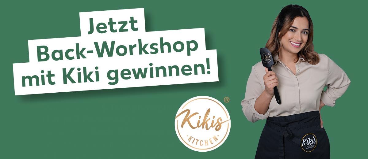 Logo: Kikis KITCHEN; Abbildung: Kiki; Schriftzug: Jetzt Back-Workshop mit Kiki gewinnen!