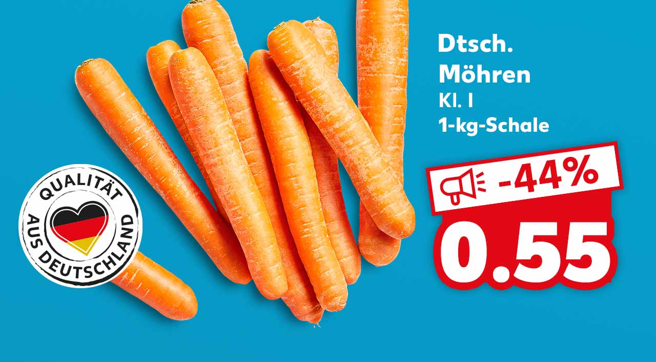 Dtsch. Möhren, Kl. I, 1-kg-Schale für 0.55 Euro; Logo: Qualität aus Deutschland