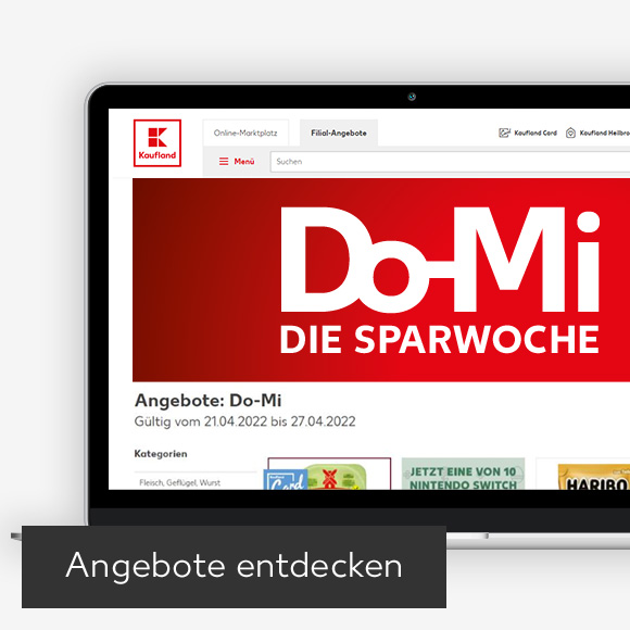 Abbildung: Laptop zeigt Do-Mi-Angebote auf Kaufland-Webseite; Button: Angebote entdecken
