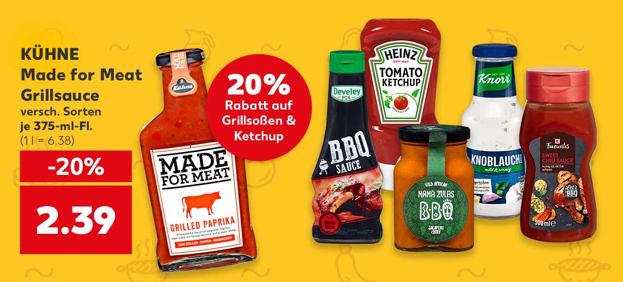 Störer: 20% Rabatt auf Grillsoßen & Ketchup, KÜHNE Made for Meat Grillsauce, versch. Sorten, je 375-ml-Fl. 2.39 Euro (1 l = 6.38)
