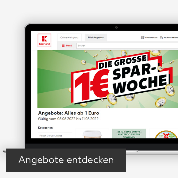Abbildung: Laptop zeigt Do-Mi-Angebote auf Kaufland-Webseite; Button: Angebote entdecken