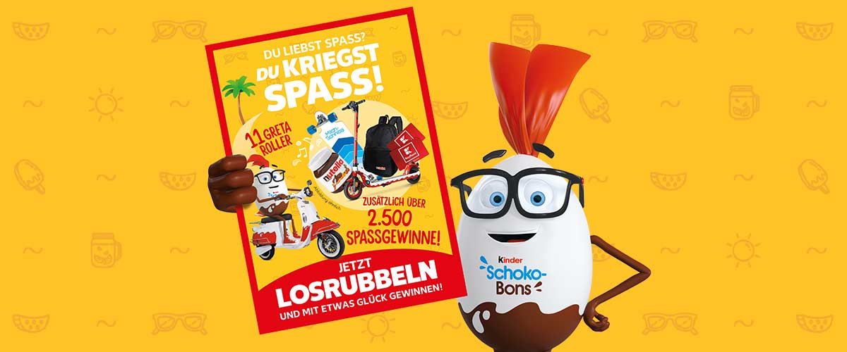 Abbildung: Mr. Schoko Bon mit einem Rubbellos; Rubellos: Mr. Schoko Bon auf einem Greta Roller; Schriftzug: 11 GRETA ROLLER; ZUSÄTZLICH ÜBER 2.500 SPASSGEWINNE!