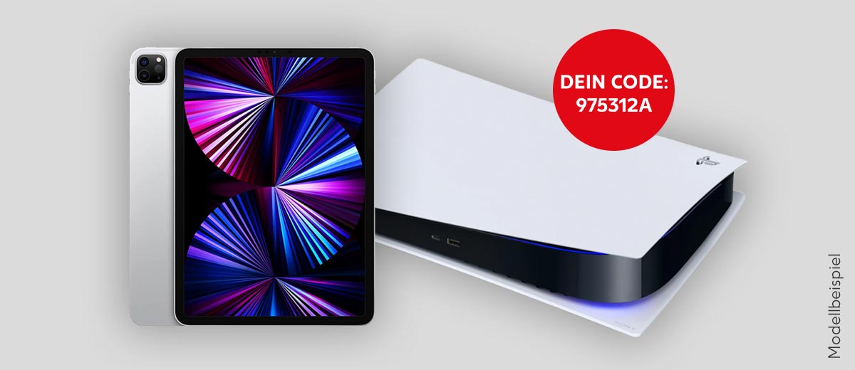 Modellbeispiel: Playstation 5 und zwei iPad Pro; Dein Code: 975312A
