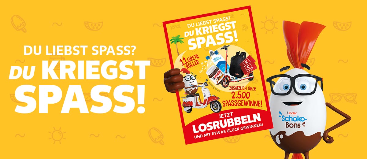 Schriftzug: DU LIEBST SPASS? DU KRIEGST SPASS!; Abbildung: Mr. Schoko-Bon, der ein Rubbellos hält