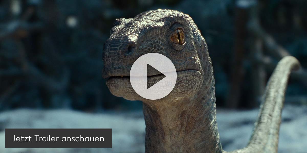 Filmszene aus Jurassic World; Button: Jetzt Trailer anschauen