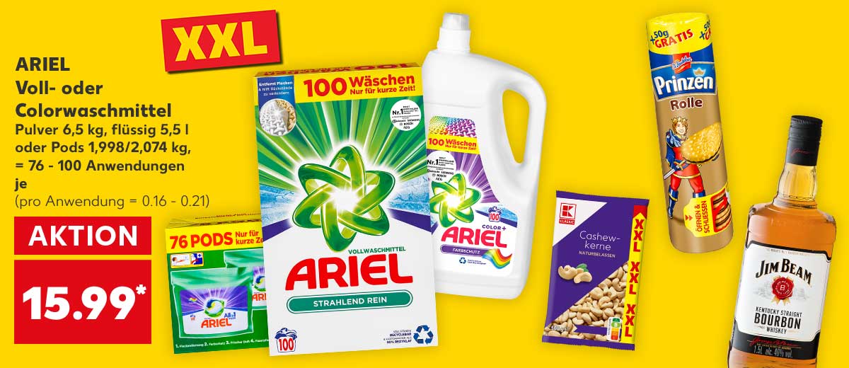 ARIEL Voll- oder Colorwaschmittel, Pulver 6,5 kg, flüssig 5,5 l oder Pods 1,998/2,074 kg, = 76 - 100 Anwendungen, je 15.99 Euro* (pro Anwendung = 0.16 - 0.21); Weitere Produktabbildungen: K-CLASSIC Cashewkerne, JIM BEAM Kentucky Straight Bourbon Whiskey, DE BEUKELAER Prinzen Rolle