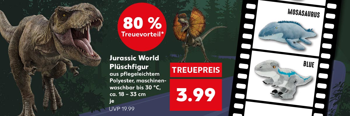 Jurassic World Plüschfigur, aus pflegeleichtem Polyester, maschinenwaschbar bis 30 °C, Größe ca. 18 - 33 cm; je Plüsch-Minion 3.99 Euro (UVP 19.99), Störer: 80 % Treuevorteil*; Filmband mit Plüsch Minions Minosaurus und Blue; verschiedene Dinosaurier