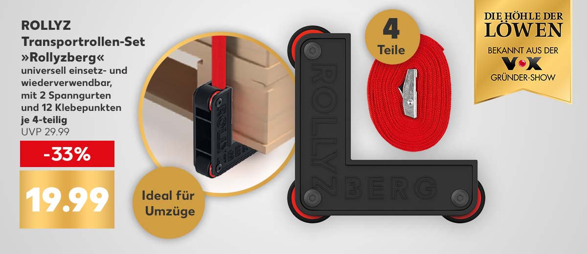 Logo: DIE HÖHLE DER LÖWEN BEKANNT AUS DER VOX-GRÜNDER-SHOW; ROLLYZ Transportrollen-Set »Rollyzberg«, universell einsatz- und wiederverwendbar, mit 2 Spanngurten und 12 Klebepunkten, je 4-teilig für 19.99 Euro; Störer: Ideal für Umzüge; Störer: 4 Teile