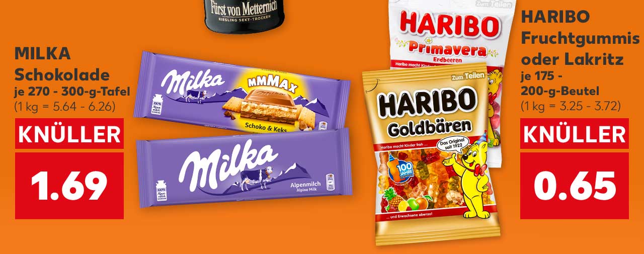 MILKA Schokolade, versch. Sorten, je 270 - 300-g-Tafel für 1.69 Euro (1 kg = 5.64 - 6.26); HARIBO Fruchtgummis oder Lakritz, versch. Sorten, je 175 - 200-g-Beutel für 0.65 Euro (1 kg = 3.25 - 3.72)