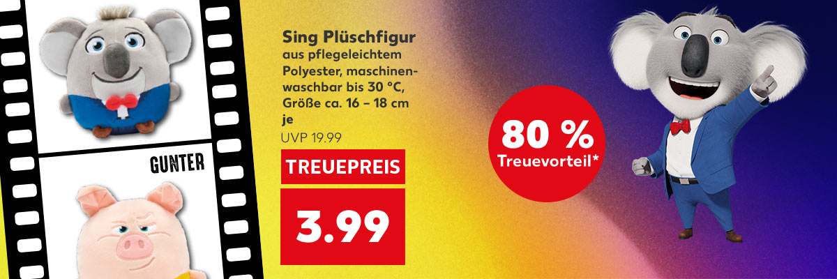 Sing Plüschfigur, aus pflegeleichtem Polyester, maschinenwaschbar bis 30 °C, Größe ca. 16 - 18 cm; je Plüsch-Minion 3.99 Euro (UVP 19.99), Störer: 80 % Treuevorteil*; Filmband mit Plüsch Minions Buster Moon und Gunter; Buster Moon