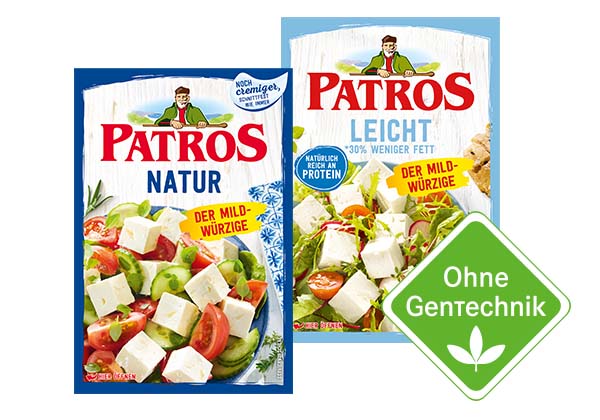 PATROS Salzlakenkäse, versch. Sorten; Logo: Ohne Gentechnik