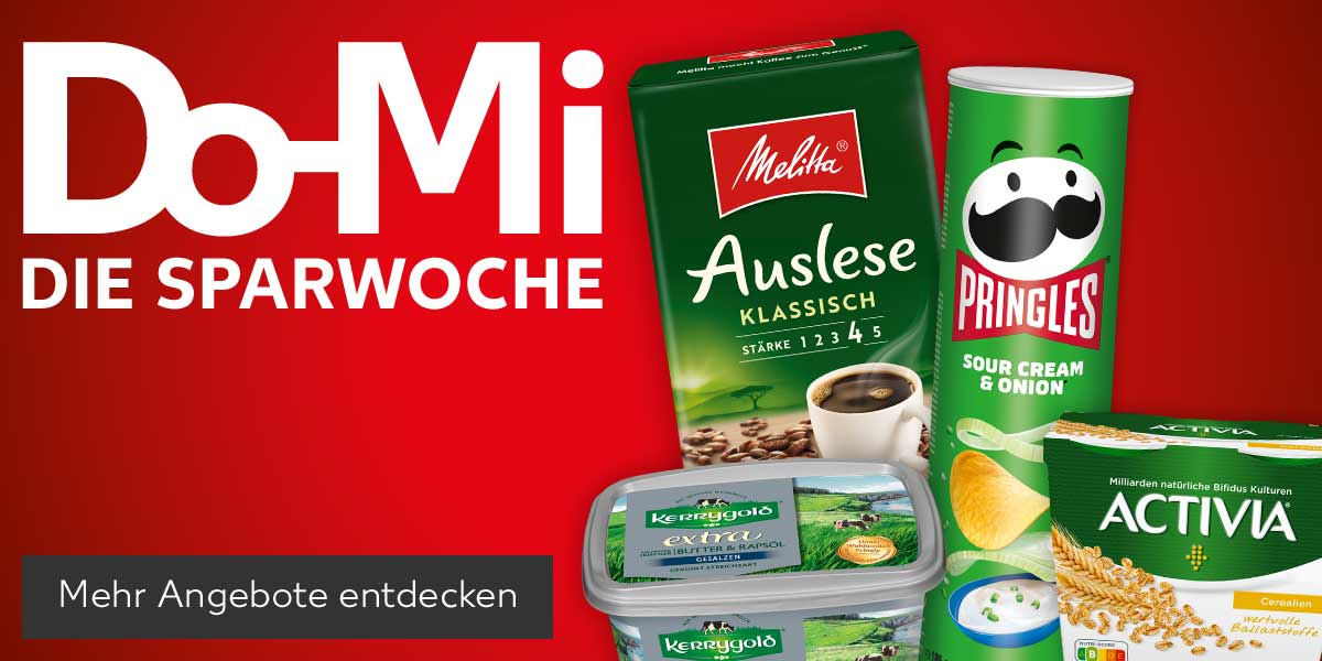 Schriftzug: Do-Mi DIE SPARWOCHE; Produktabbildungen: KERRYGOLD extra, MELITTA Kaffee, PRINGLES Chips und ACTIVIA; Button: Mehr Angebote entdecken