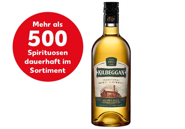 KILBEGGAN Traditional Irish Whiskey; Störer: Mehr als 500 Spirituosen dauerhaft im Sortiment