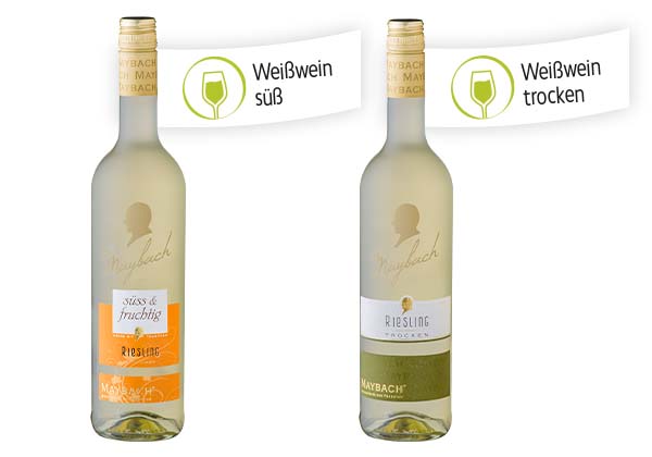 MAYBACH Weißwein, versch. Sorten; Fähnchen an der jeweiligen Flasche: Weißwein trocken; Weißwein süß