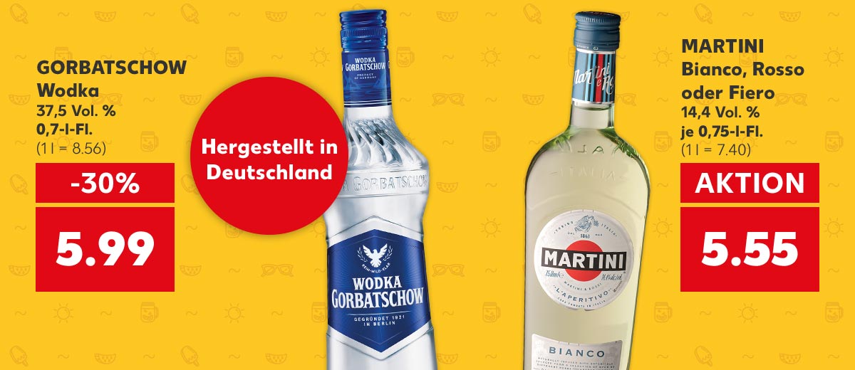 GORBATSCHOW Wodka, 37,5 Vol. %, 0,7-l-Fl. für 5.99 Euro (1 l = 8.56); Störer: Hergestellt in Deutschland; MARTINI Bianco, Rosso oder Fiero,14,4 Vol. %, je 0,75-l-Fl. für 5.55 Euro (1 l = 7.40)