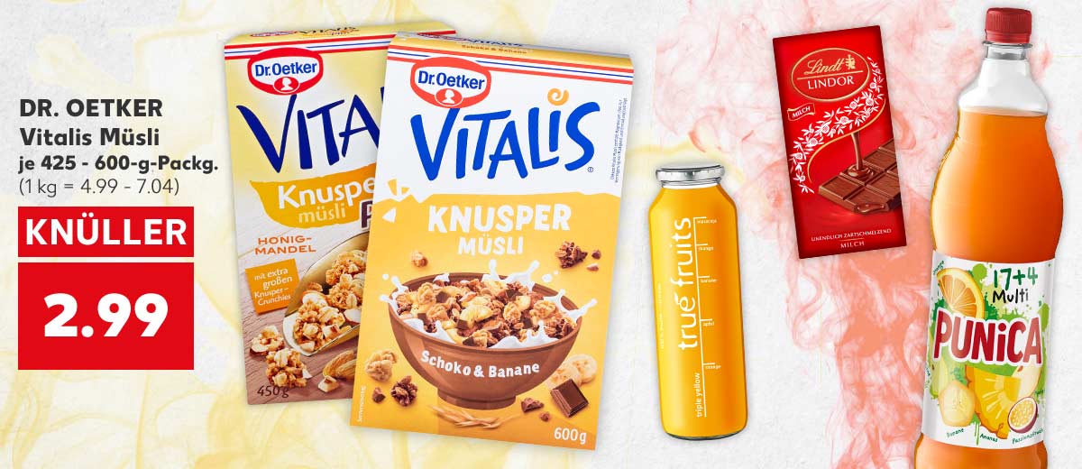 DR. OETKER Vitalis Müsli, versch. Sorten, je 425 - 600-g-Packg. für 1.99 Euro (1 kg = 4.99 - 7.04); Weitere Produktabbildungen: LEERDAMMER Pizza- & Pasta- oder Auflaufgenuss, K-TAKE IT VEGGIE Bio-Tofu und TRUE FRUITS Smoothie