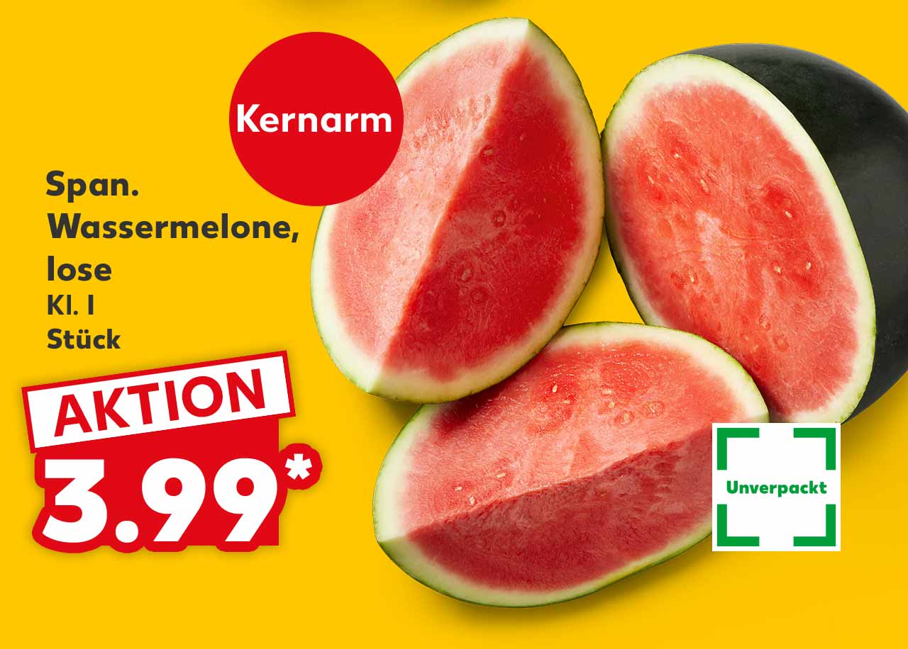 Span. Wassermelone, lose, Kl. I, Stück für 3.99 Euro*; Störer: Kernarm; Logo: Unverpackt