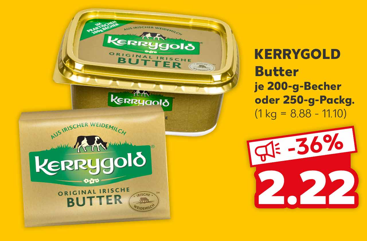 KERRYGOLD Butter, versch. Sorten, je 200-g-Becher oder 250-g-Packg. für 2.22 Euro (1 kg = 8.88 - 11.10)
