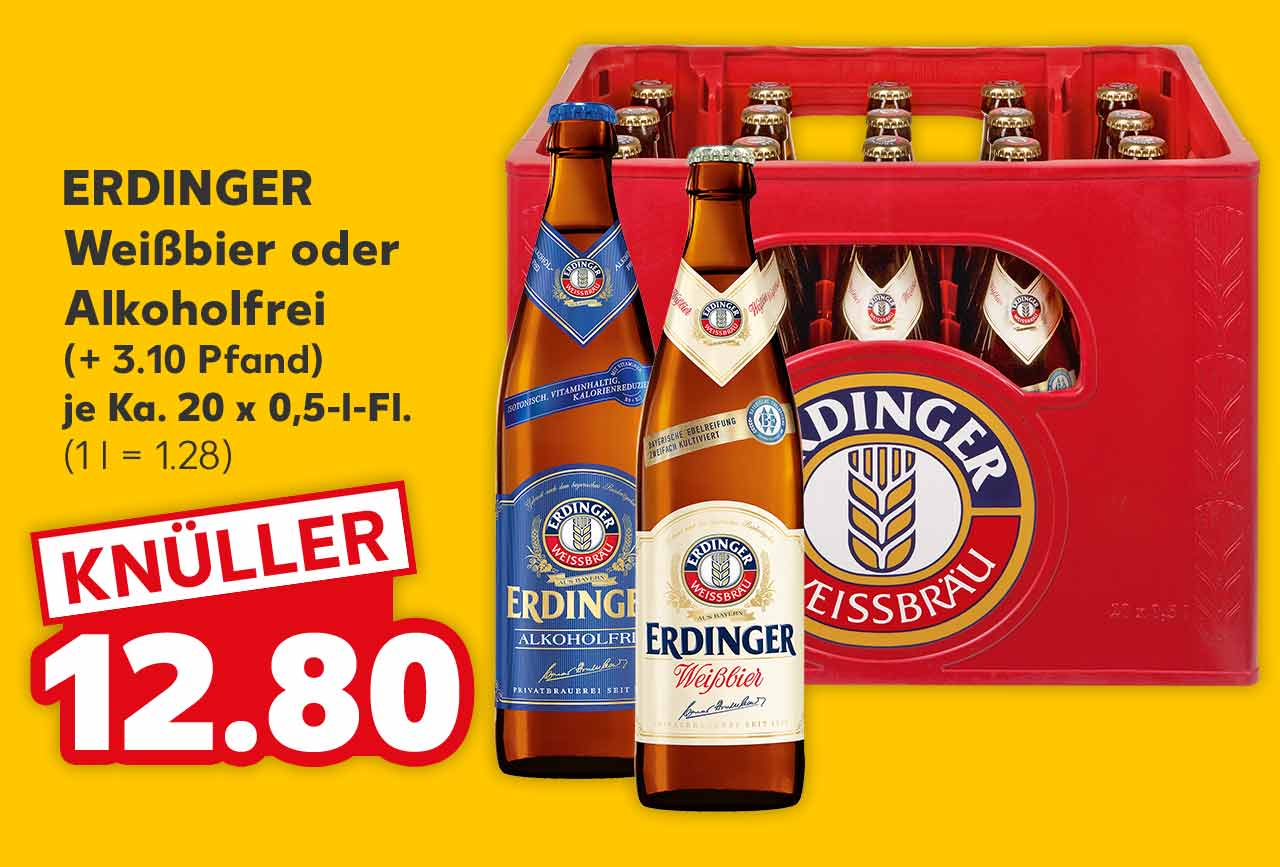 ERDINGER Weißbier oder Alkoholfrei, (+ 3.10 Pfand), je Ka. 20 x 0,5-l-Fl. für 12.80 Euro (1 l = 1.28)